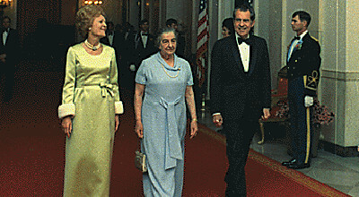 Former Israeli Prime Minister Golda Meir (center) with Pat Nixon and former President Richard Nixon.