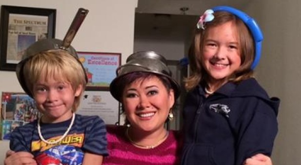 colander on her head
