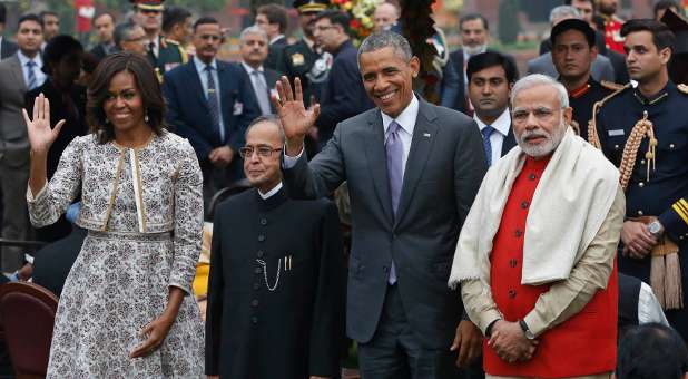 First lady Michelle Obama, U.S. President Barack Obama and Indian Prime Minister Narendra Modi.
