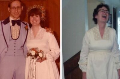 Teresa and Roy Parker, wedding day, April 9, 1977. Teresa Parker, June 2013, fitting back into her wedding dress after losing 250 pounds.