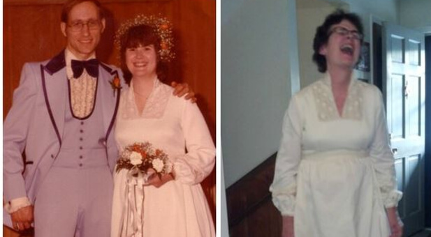 Teresa and Roy Parker, wedding day, April 9, 1977. Teresa Parker, June 2013, fitting back into her wedding dress after losing 250 pounds.