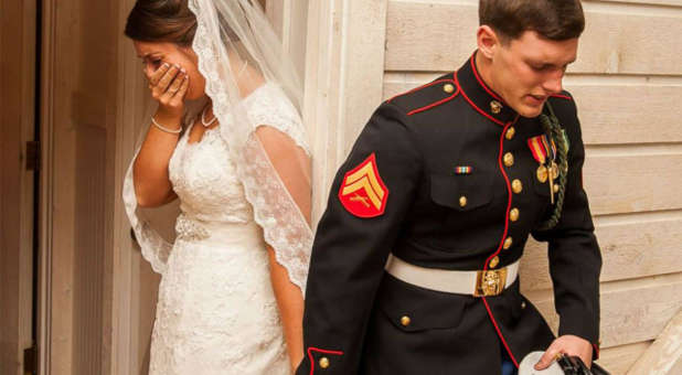 Caleb and Maggie Earwood, praying together moments before their wedding ceremony.