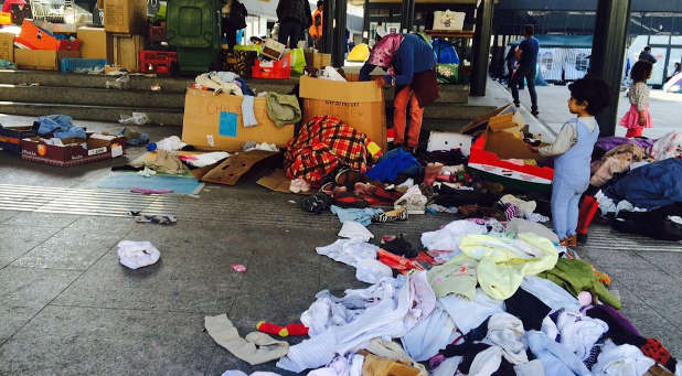 Syrian refugees at a train station in Hungary