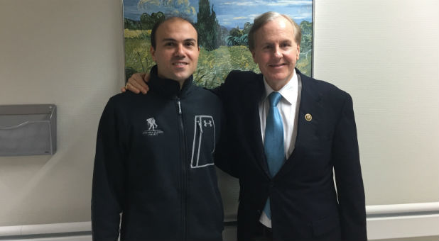 Saeed Abedini, a pastor from Idaho is pictured with Congressman Robert Pittenger at Landstuhl Regional Medical Center in Landstuhl, Germany.