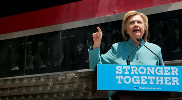 U.S. Democratic presidential candidate Hillary Clinton delivers a campaign speech outside the shuttered Trump Plaza in Atlantic City, New Jersey.
