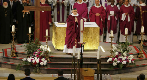 Archbishop of Rouen and Primate of Normandy Mgr Dominique Lebrun leads a funeral service to slain French parish priest Father Jacques Hamel at the Cathedral in Rouen, France