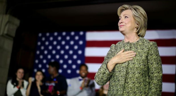 U.S. Democratic presidential candidate Hillary Clinton reacts after speaking at a campaign event at Temple University in Philadelphia
