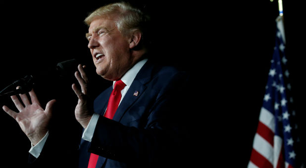 Republican presidential nominee Donald Trump speaks at an airport campaign rally in Albuquerque, New Mexico