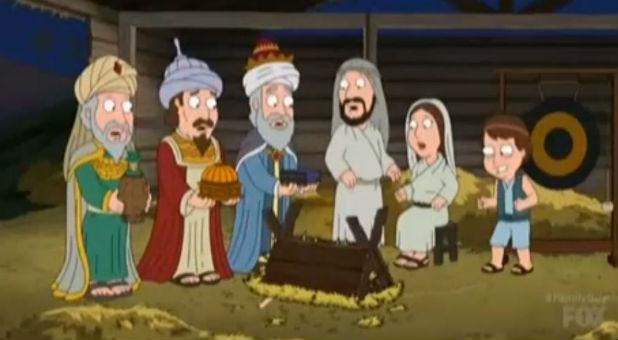 Stewie crashes a corporate Christmas party, giving management some new ideas for firing employees. Consumed with guilt, he claims he ruined Christmas like the little drummer boy &ndash; cueing a nativity seen that goes wild, ending with baby Jesus getting kicked over.