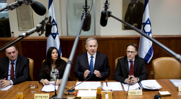 Israeli Prime Minister Benjamin Netanyahu attends the weekly cabinet meeting at his office in Jerusalem