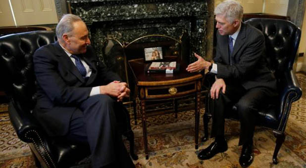 11th Circuit Court of Appeals Judge Neil Gorsuch and Senate Minority Leader Chuck Schumer (D-N.Y.)