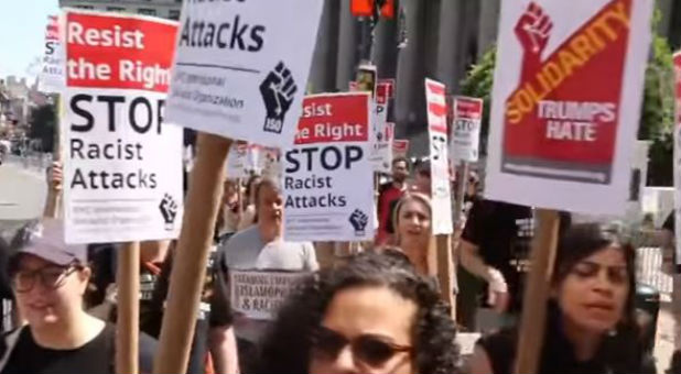 People protest against Islamaphobia.