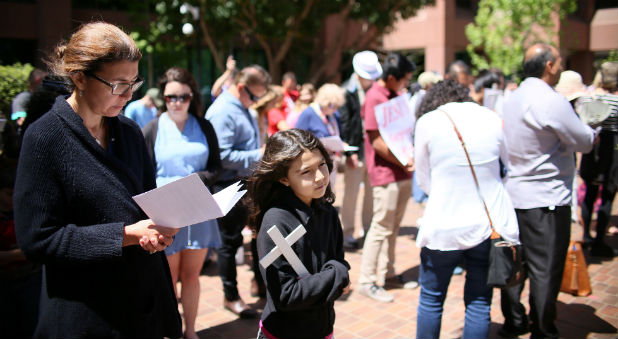 Protesters, including Nikki Gonzales, rally in support of pro-life abortion legislation in front of the Federal Courthouse in San Diego, California.