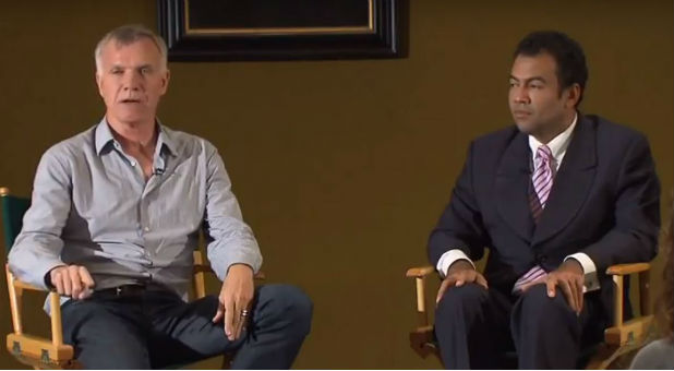 Tim Gill, left, speaks at a Yale event.