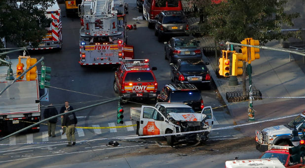 Bikes are mangled on a Manhattan path after a truck plowed them down Tuesday afternoon.