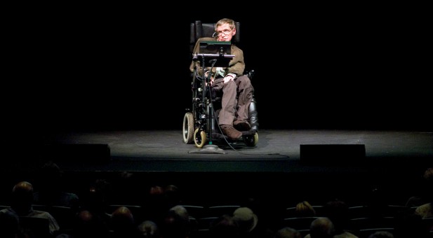 Professor of mathematics at Cambridge University Stephen W. Hawking discusses theories on the origin of the universe in a talk in Berkeley, California