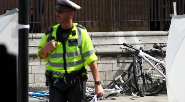 Bicycles lie on the ground at the scene after a car crashed outside the Houses of Parliament in Westminster, London.