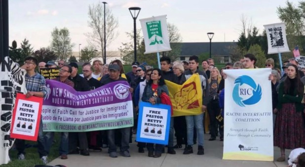 Supporters of pastor Betty Rendón gather for a vigil outside the Kenosha Detention Center where she was being held on May 15, 2019, in Kenosha, Wisconsin.