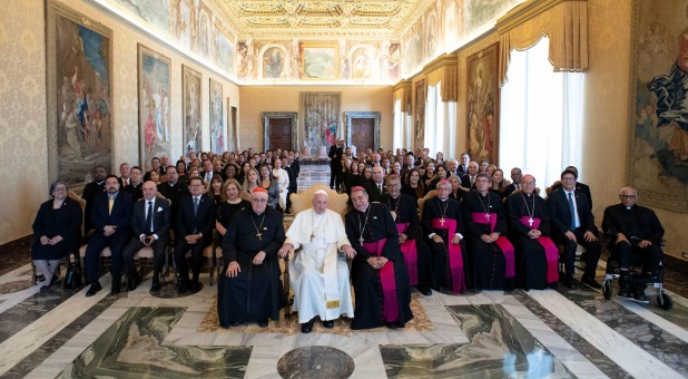 Pope Francis attends an audience with pilgrims from Panama at the Vatican.