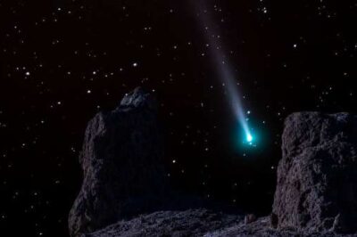 Composite photo of Comet Leonard taken from Trona Pinnacles, California.