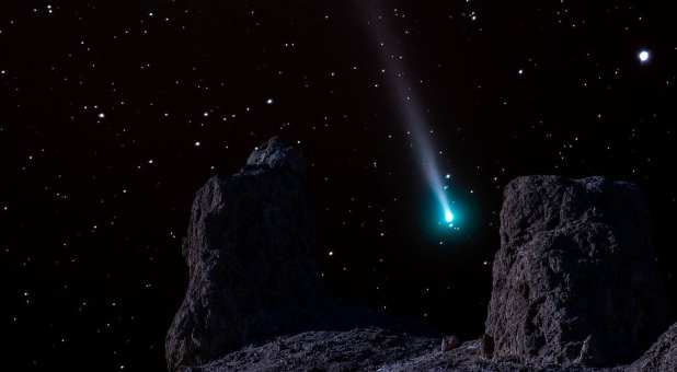 Composite photo of Comet Leonard taken from Trona Pinnacles, California.